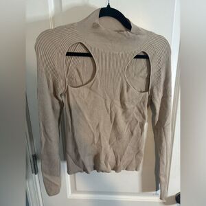 Lush Beige Ribbed Cut-Out mock neck sweater tan size small EUC